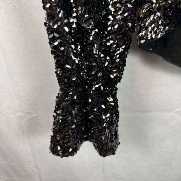 Free People Open Back Black Sequin Mockneck Lined Shirt Top Bell Sleeve XS NWT - Picture 8 of 11